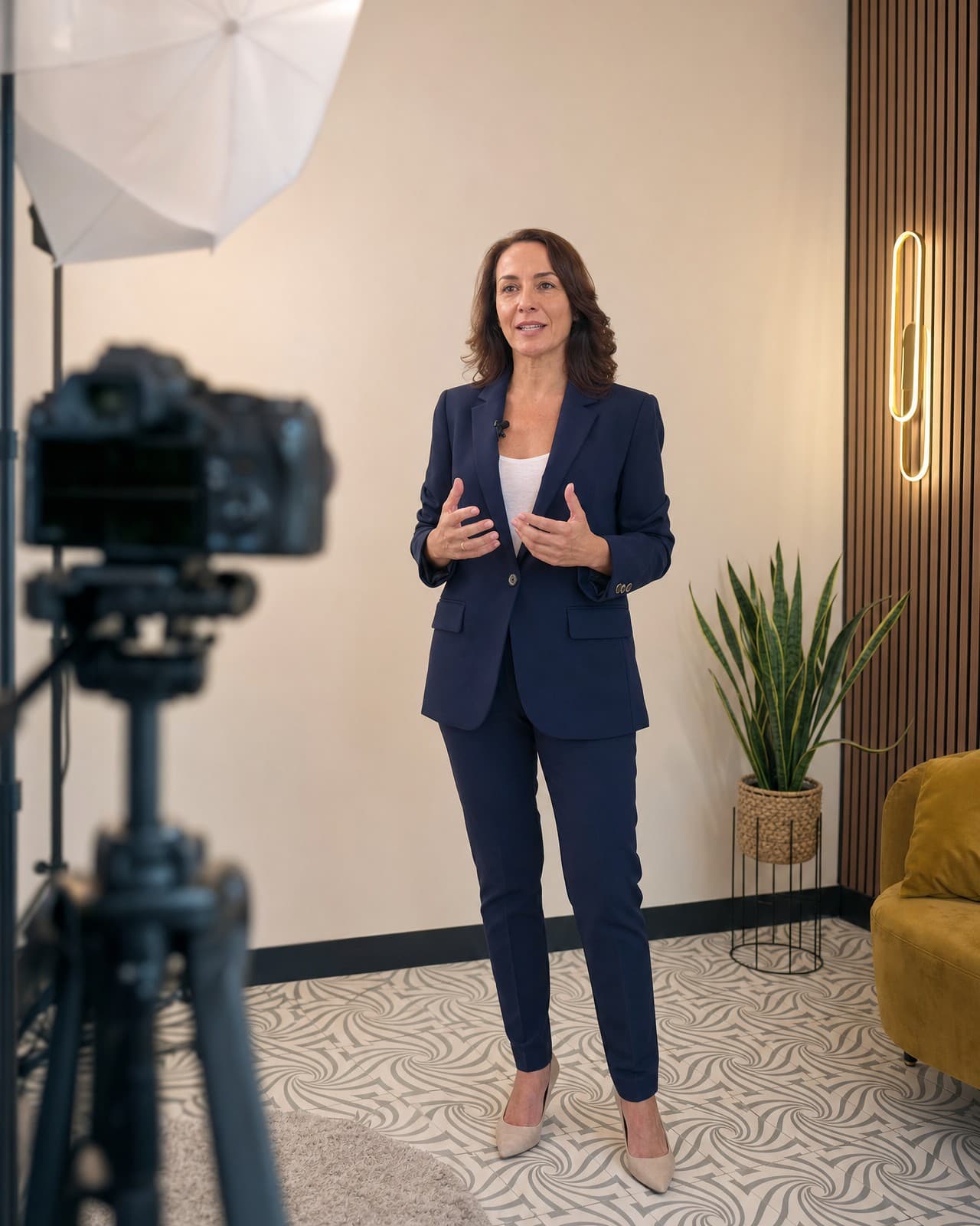 Grabación de un vídeo corporativo de pie con fondo liso en el estudio