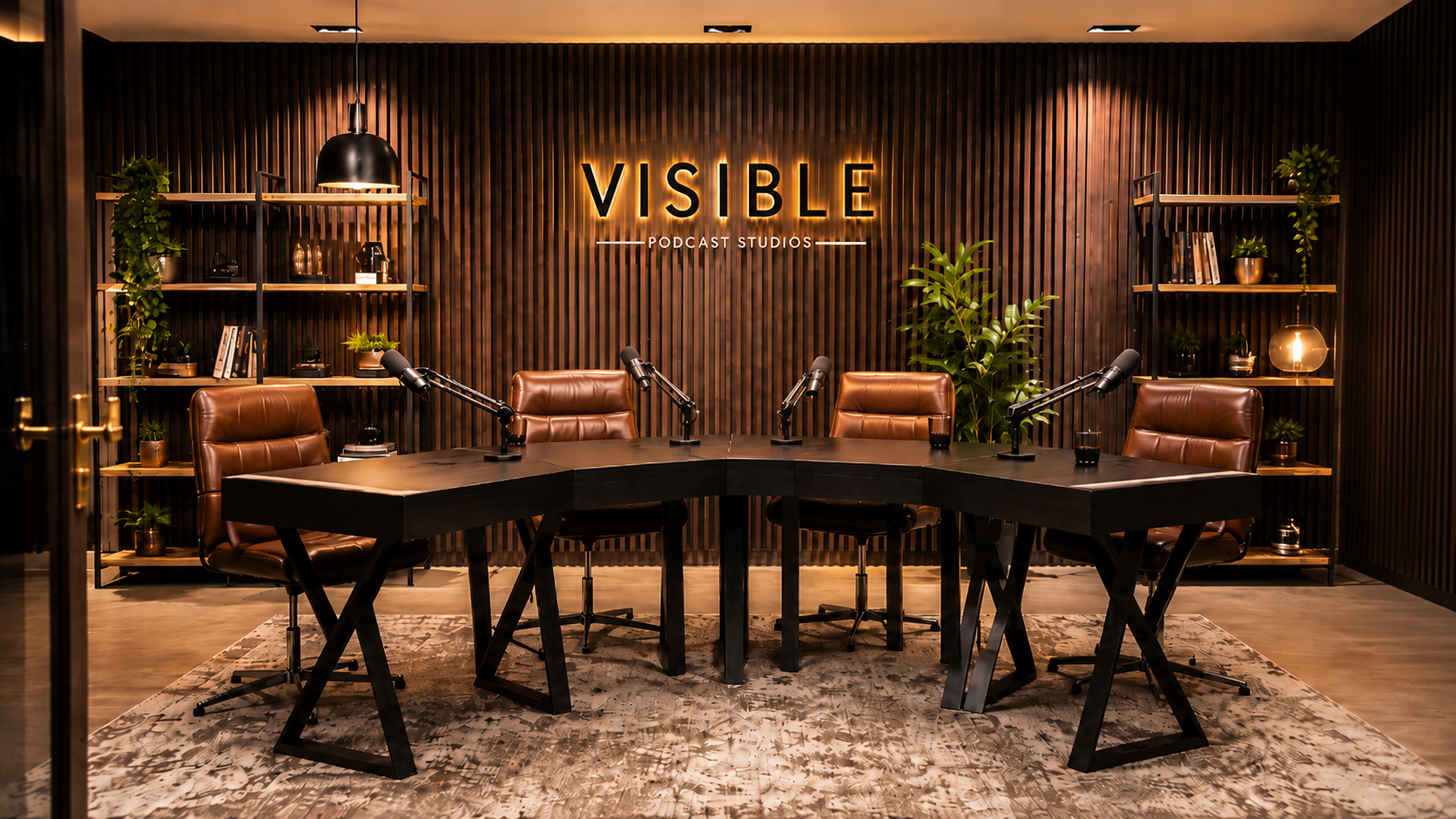 The Dark Studio de VISIBLE Podcast Studios: set cinematográfico con mesa de podcast para conversaciones corporativas