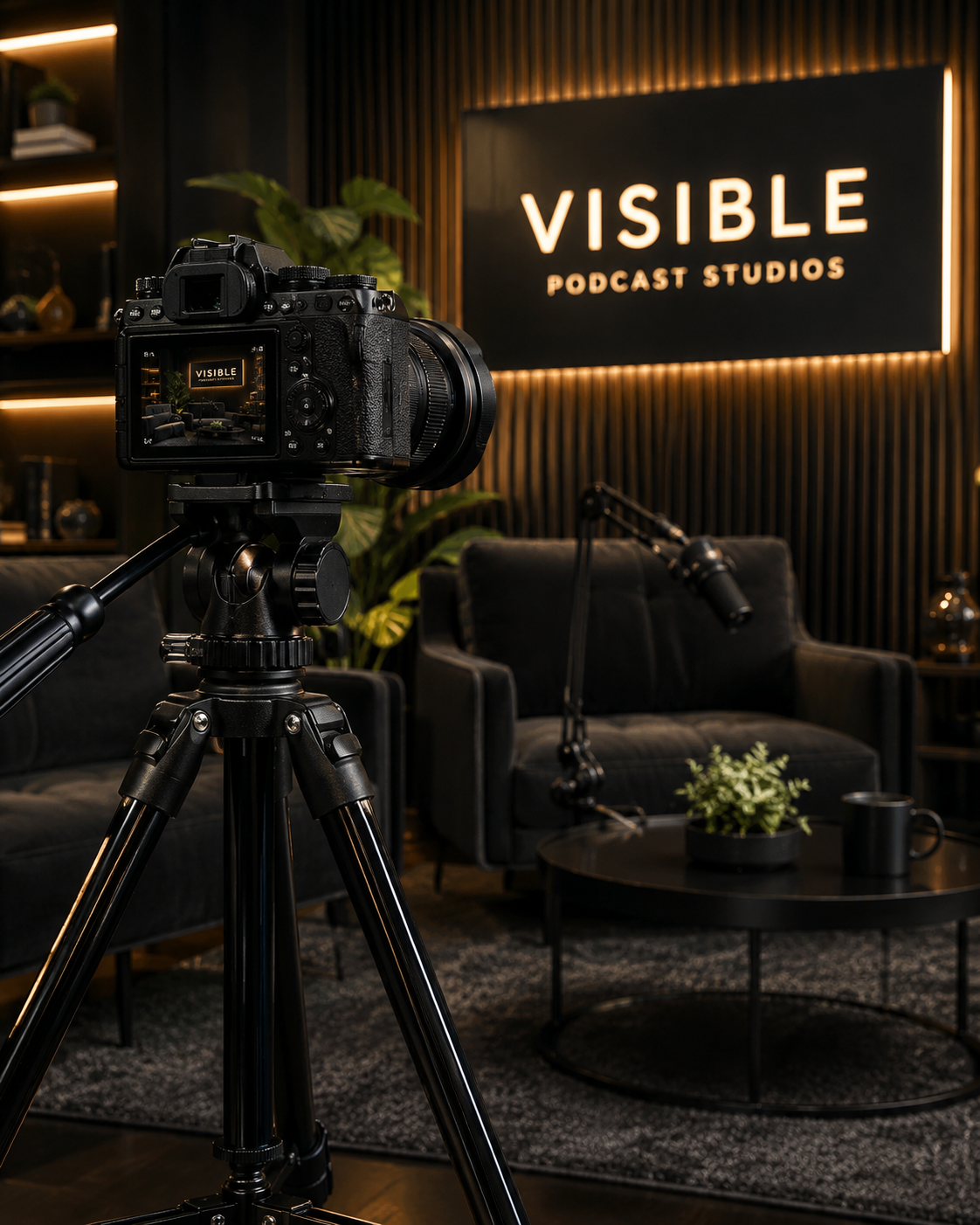 Cámara profesional durante una grabación en VISIBLE Podcast Studios