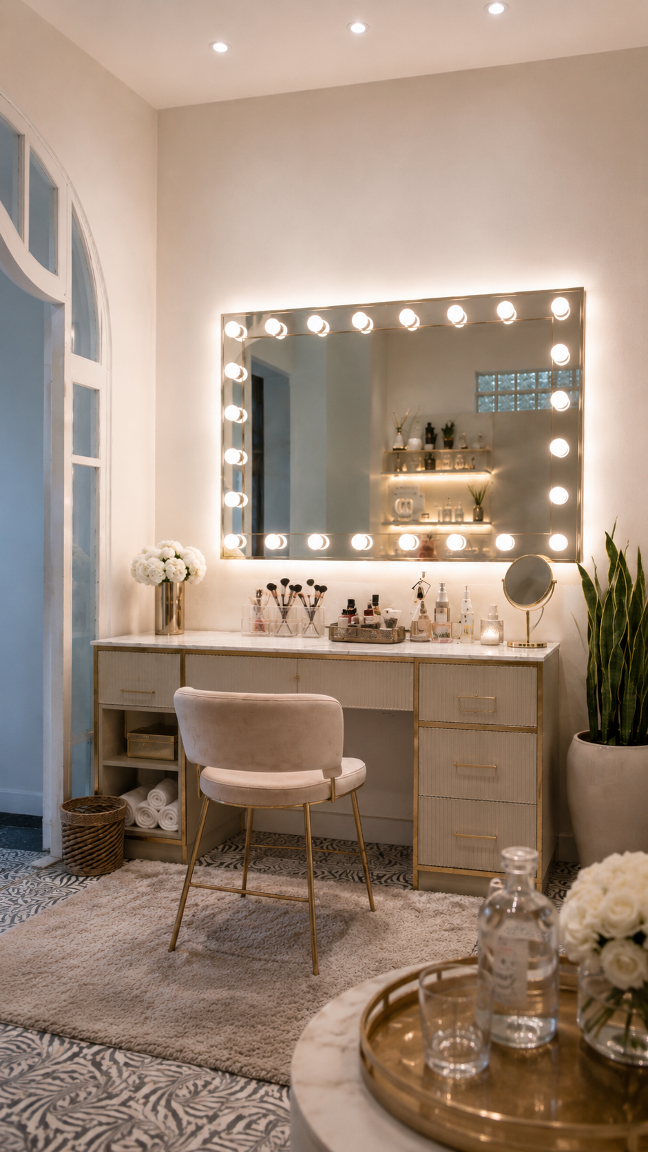 Zona de maquillaje y preparación antes de cámara en VISIBLE Podcast Studios